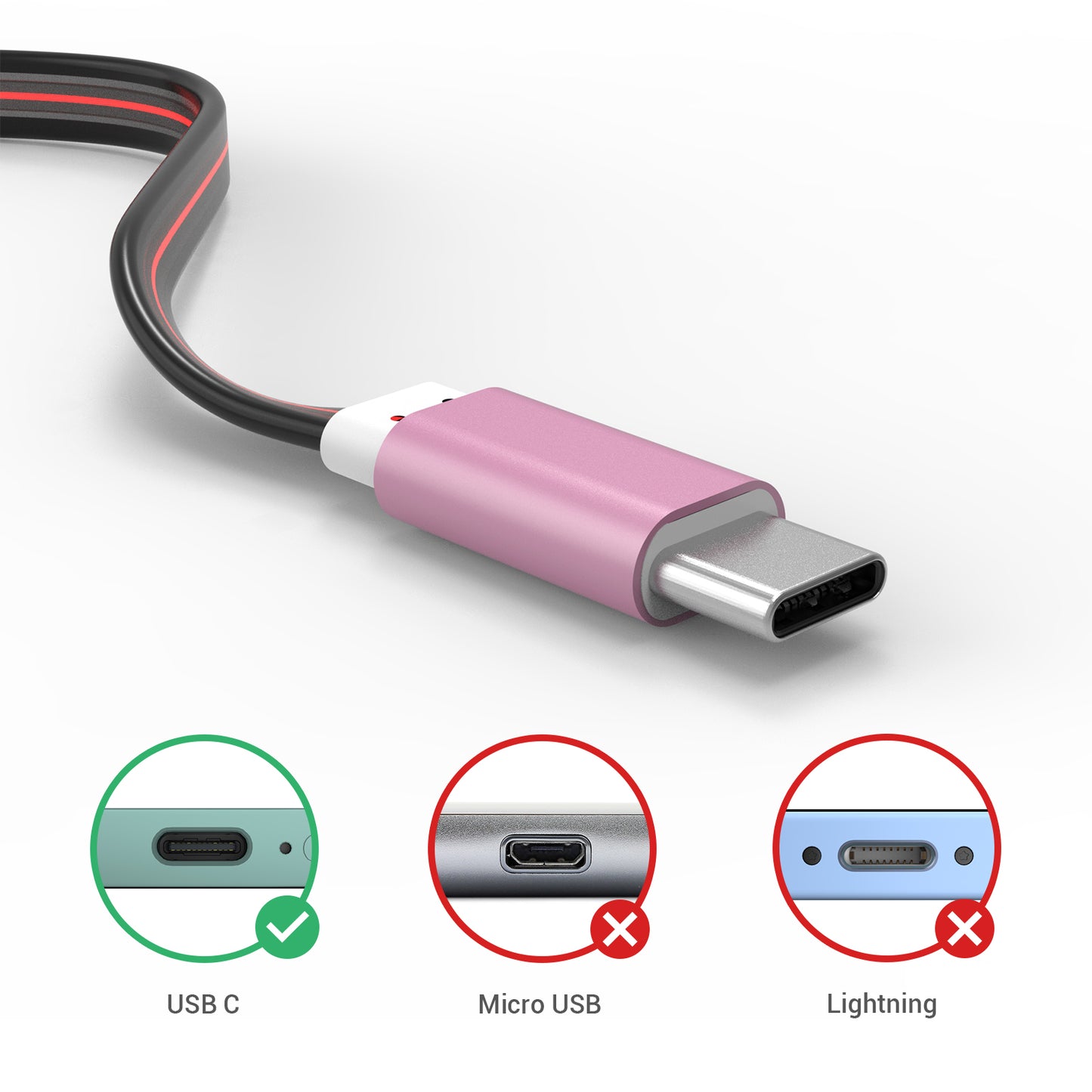 Glowing USB C Car Charge Cable-Red,3FT