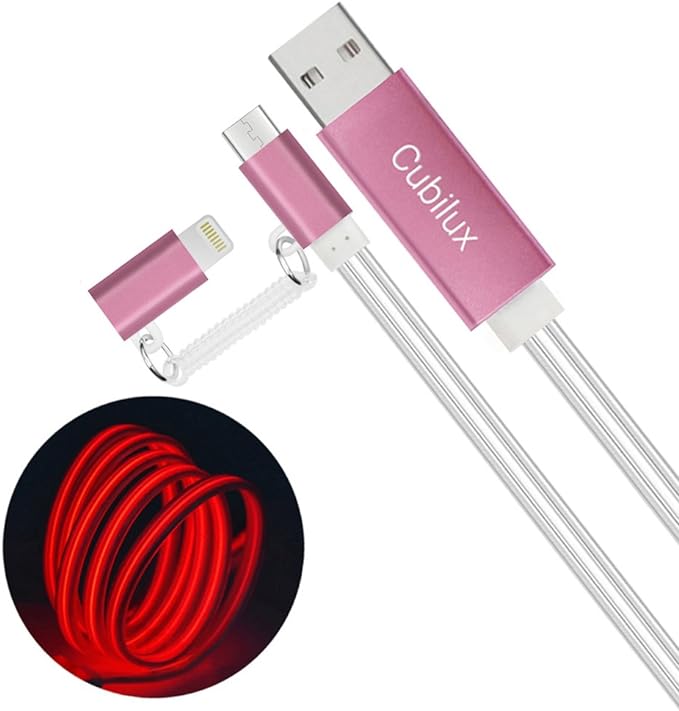 Glowing Lightning & Micro USB Charging Cable-Red,2FT