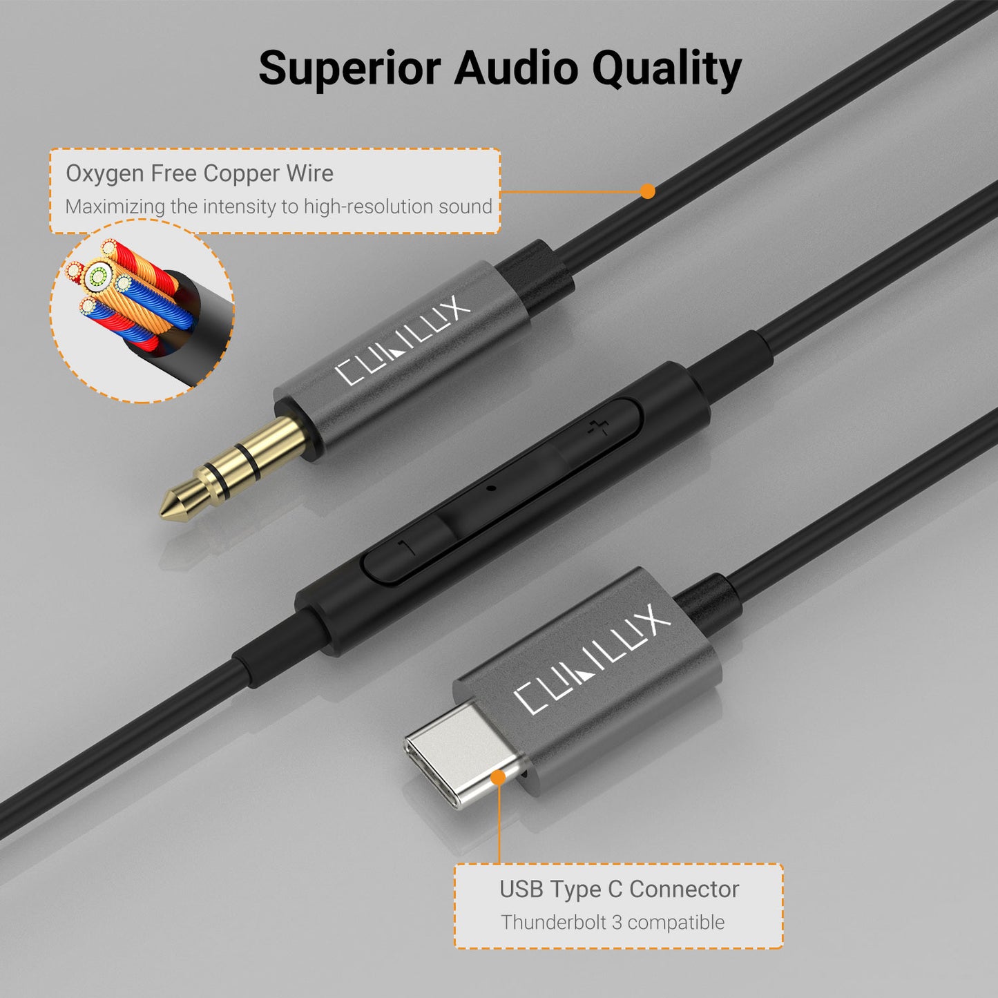 USB C to 3.5mm Audio Cable-Black&Gray,4 FT