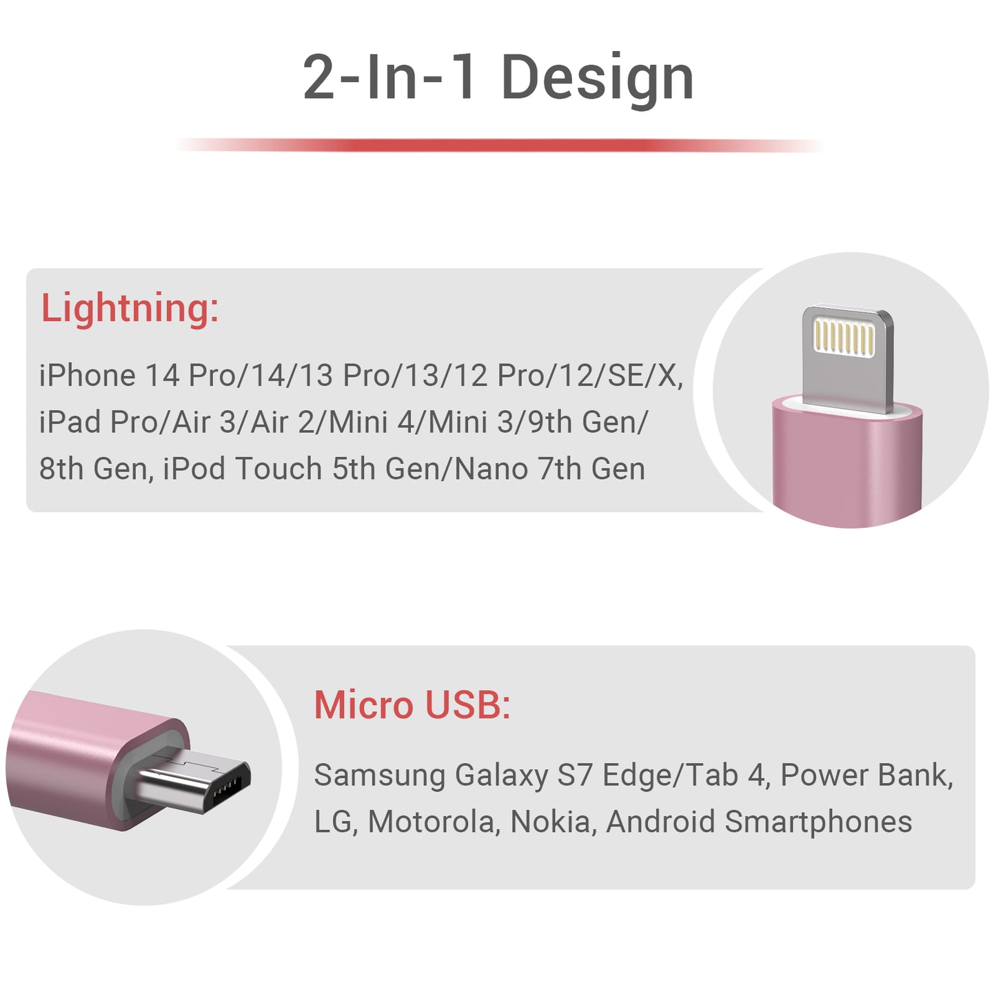 Glowing Lightning & Micro USB Charging Cable-Red,2FT