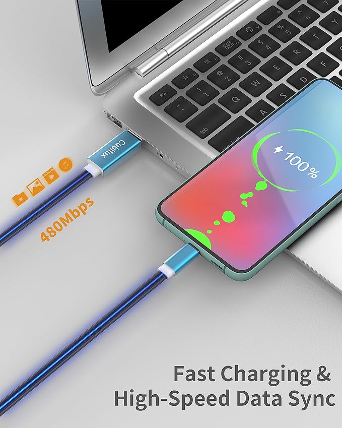 Glowing USB C Car Charge Cable-Blue,3FT