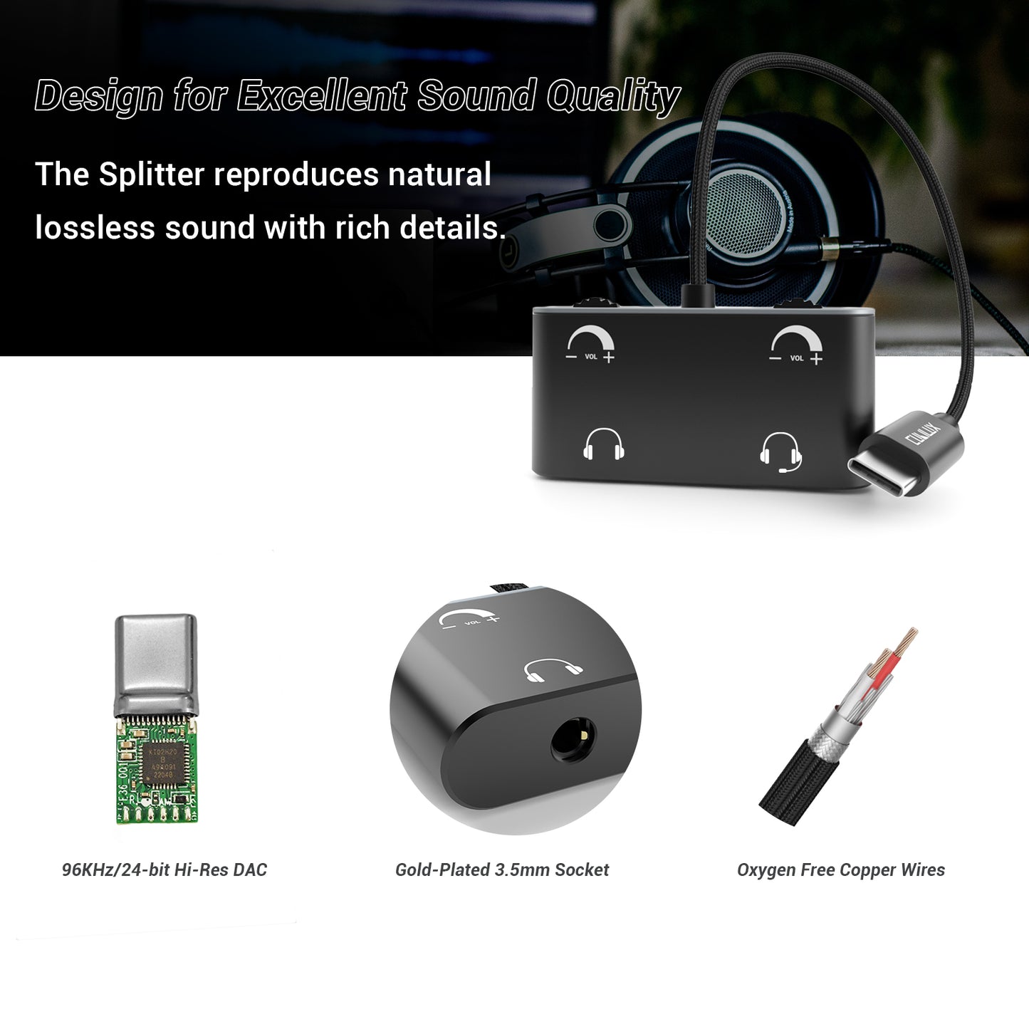 USB C Dual Headphone Splitter with Volume Control