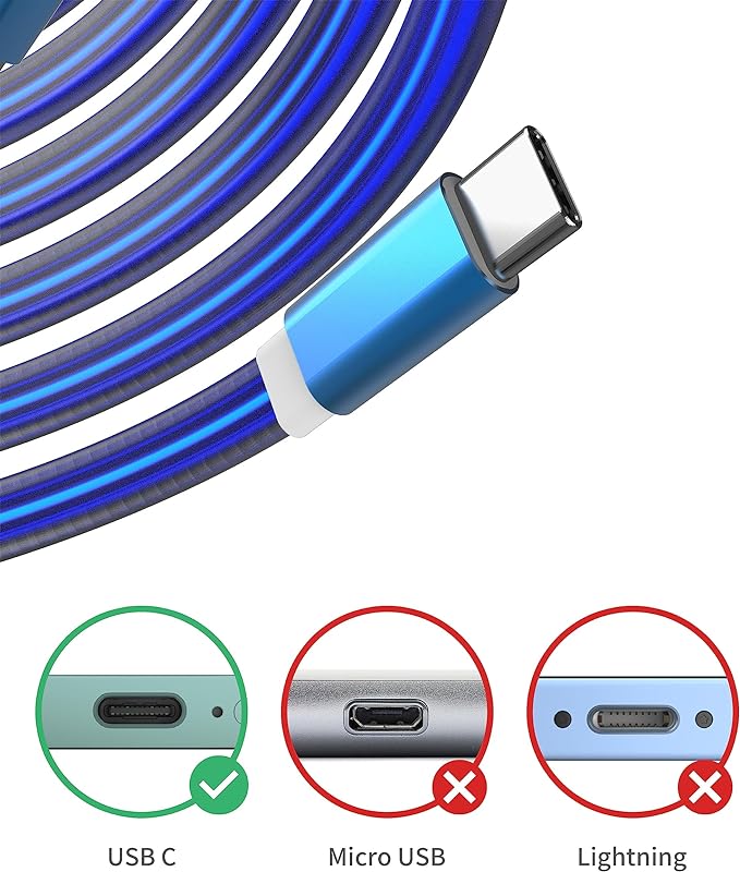 Glowing USB C Car Charge Cable-Blue,2FT