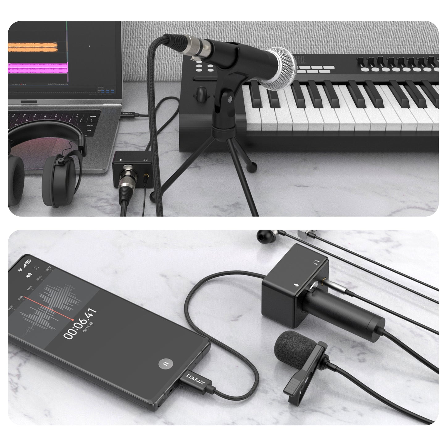 USB C to XLR Lapel/Dynamic Microphone and 3.5mm Headphone Out Splitter