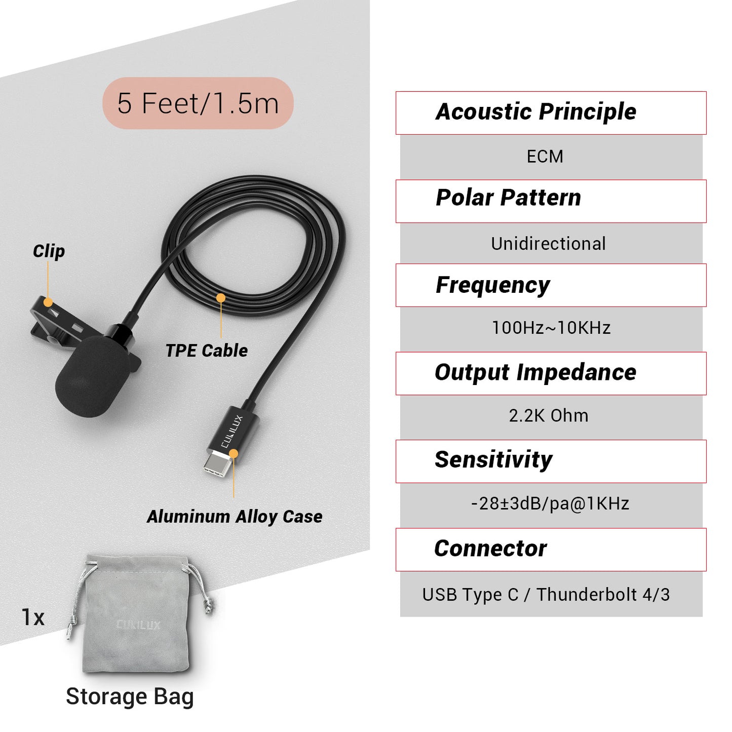 USB C Unidirectional Lavalier Microphone,MLC-4