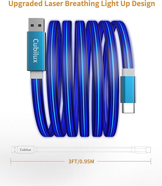 Glowing USB C Car Charge Cable-Blue,3FT