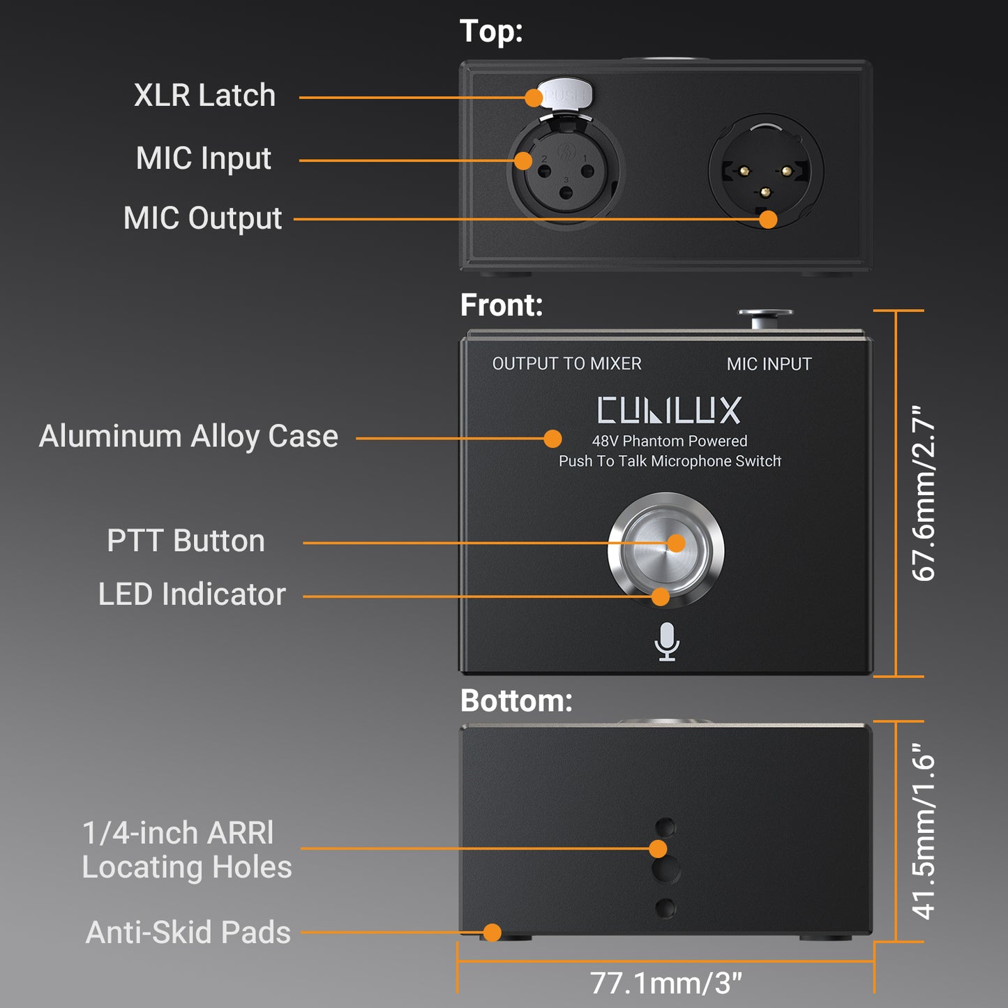 MMX-2 XLR Push-to-Talk (PTT) Microphone Switch - 48V Phantom Power Pass