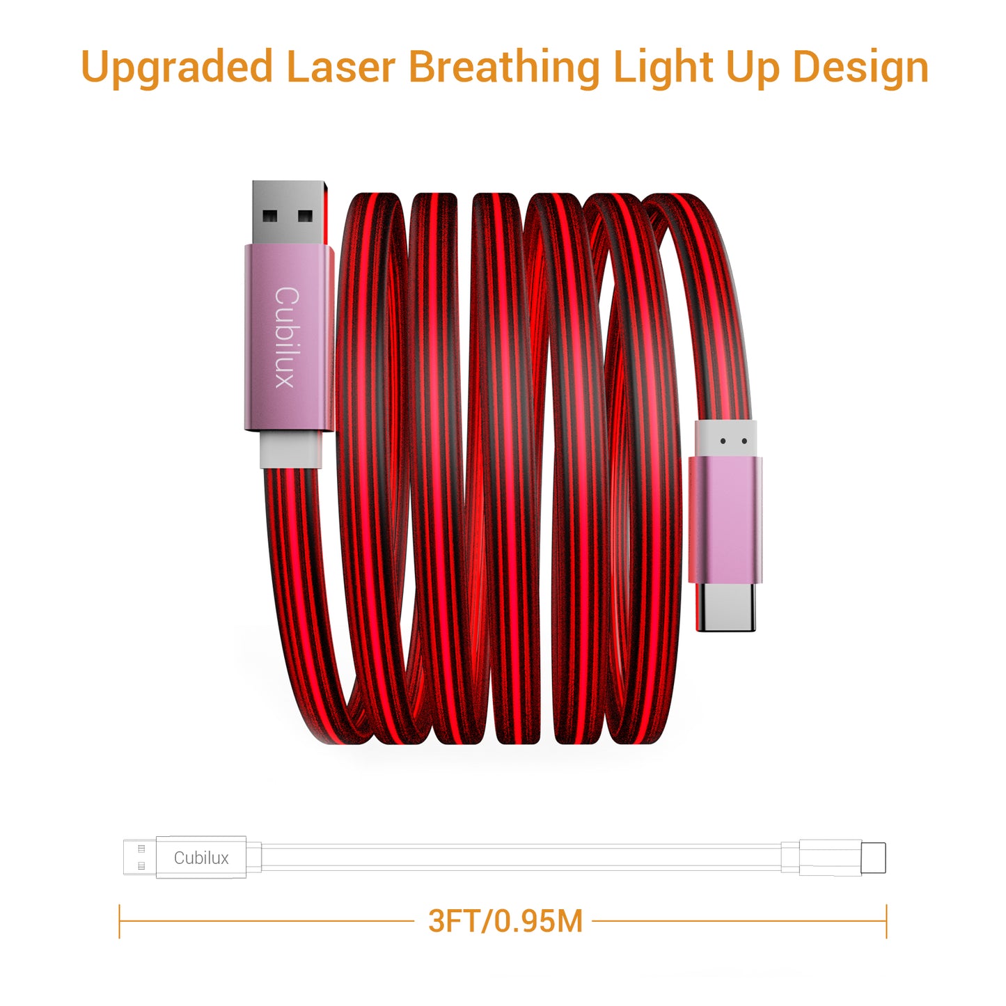 Glowing USB C Car Charge Cable-Red,3FT