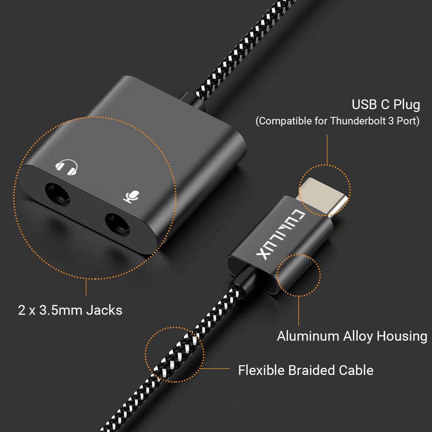 USB C to 2*3.5mm Audio&MIC Splitter-Black