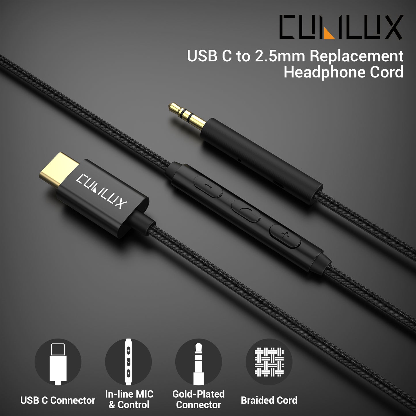 USB C to 2.5mm Headphone Cable with MIC-Black,4FT