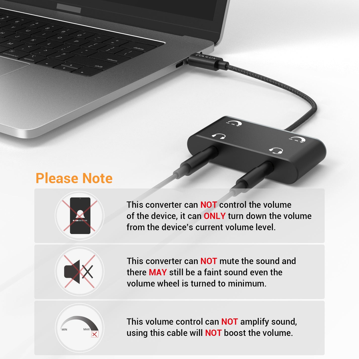 USB C Dual Headphone Splitter with Volume Control