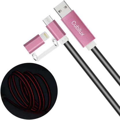 Glowing Lightning & Micro USB Charging Cable-Red,3FT
