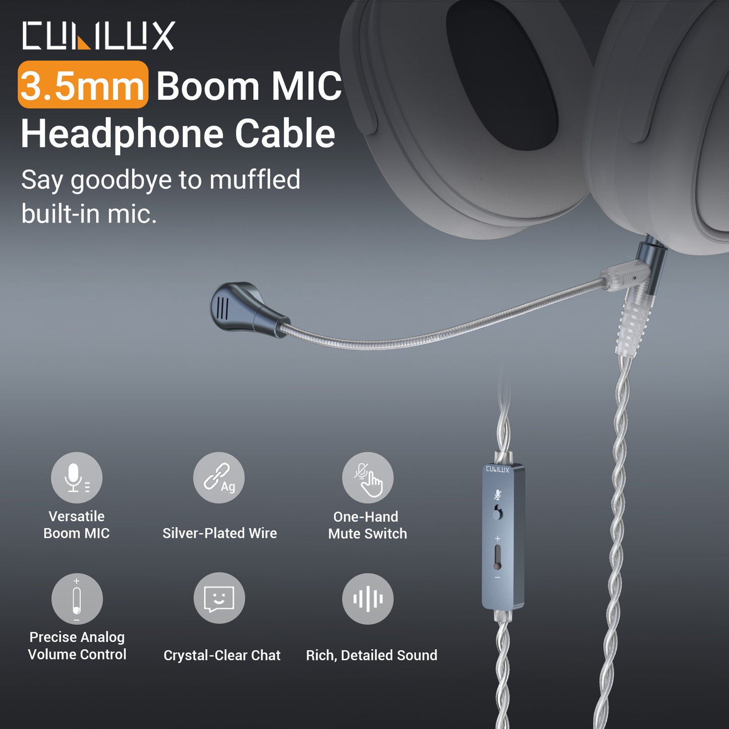 3.5mm Headphone Cable with Boom Mic, Mute Switch, Volume Control, 6 FT