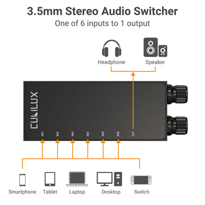 3.5mm 6-in-1 Stereo Audio Switcher with Volume Control & Mute