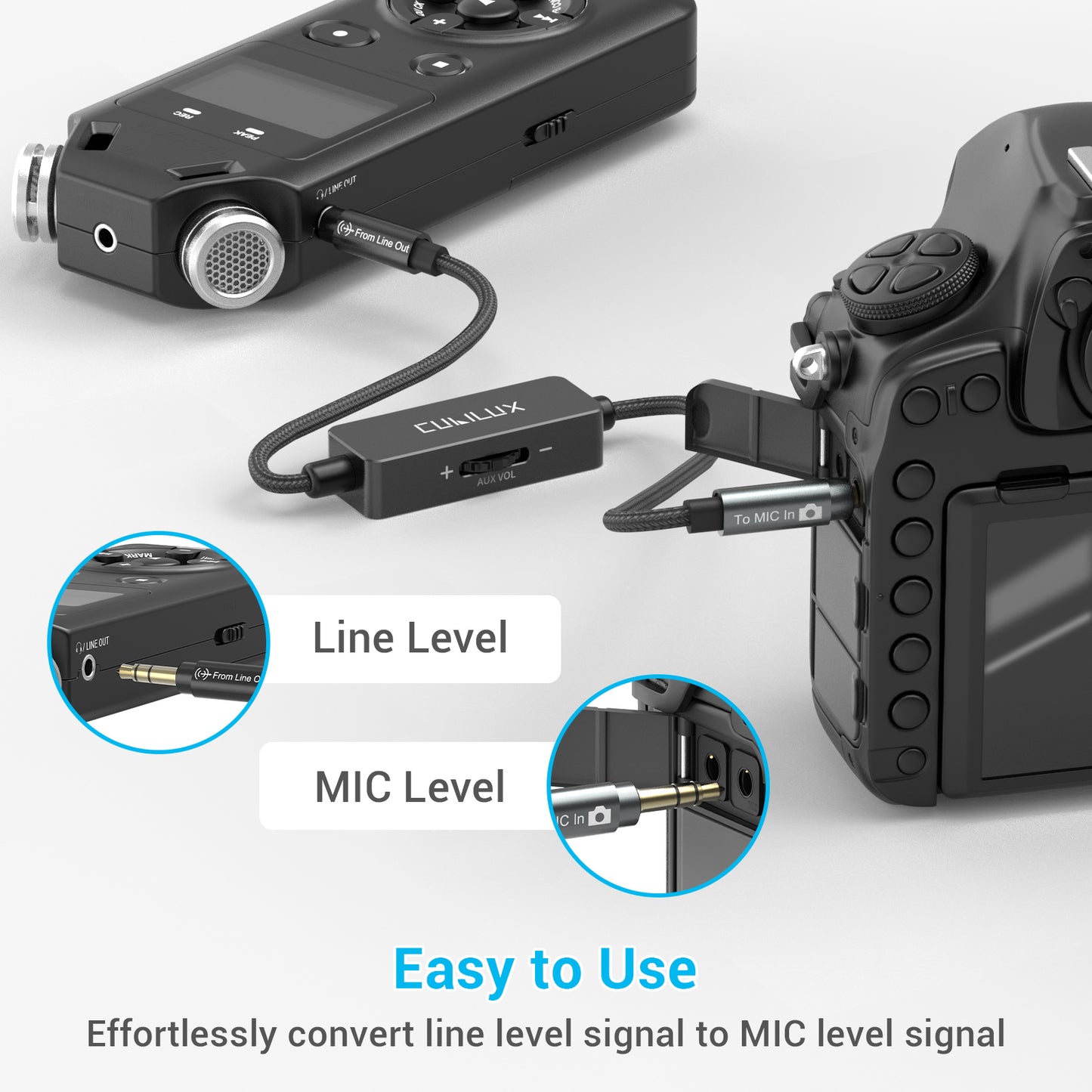 3.5mm Line Level to Microphone Level Attenuator Cable,1 FT