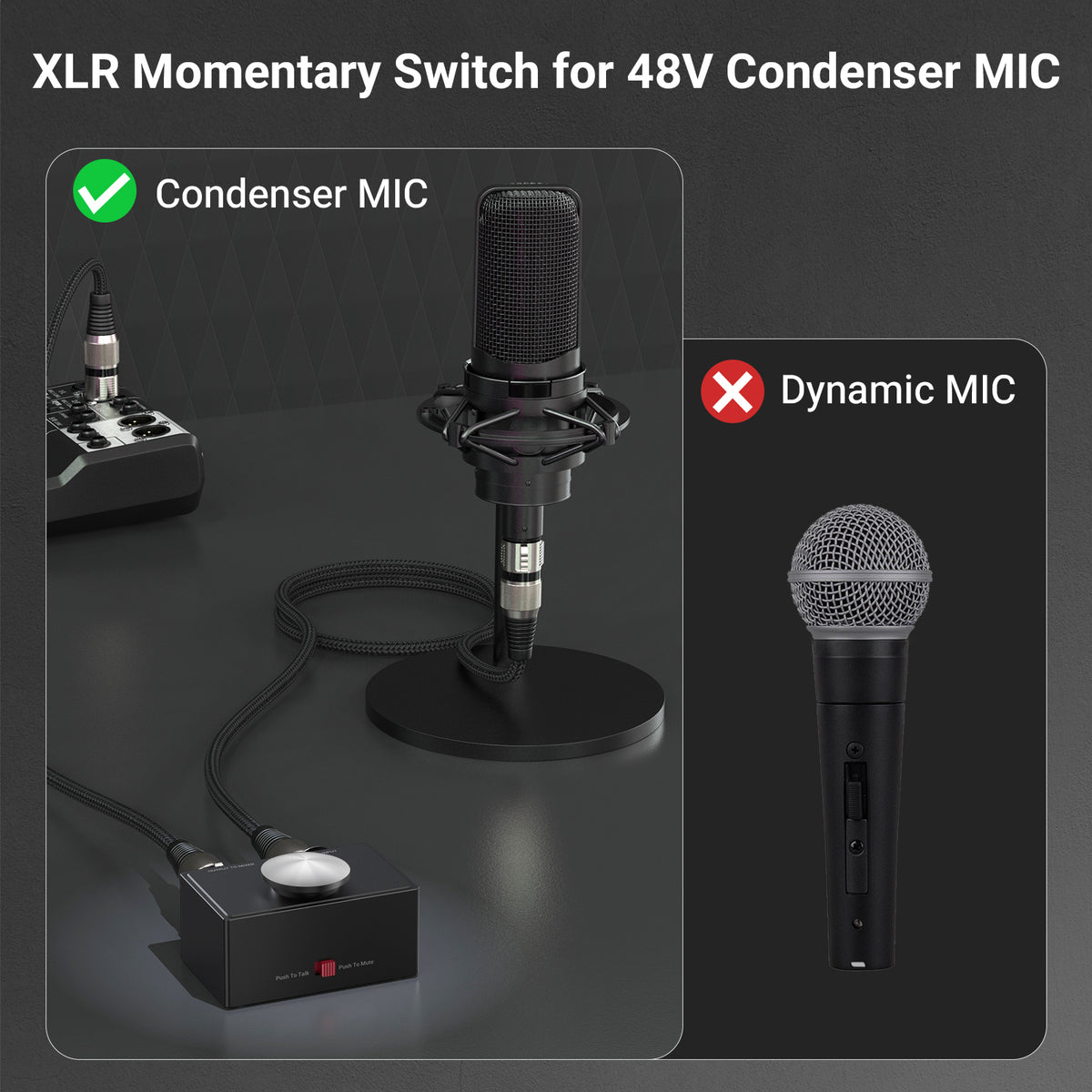 PTT/PTM XLR Microphone Switch, Push-to-Talk/Push-to-Mute Switchable Momentary MIC Button with LED
