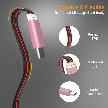 Glowing USB C Car Charge Cable-Red,3FT