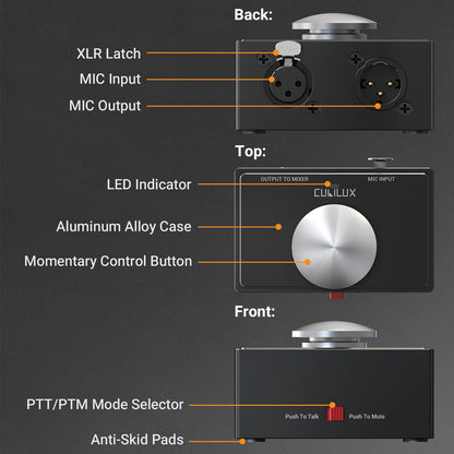 PTT/PTM XLR Microphone Switch, Push-to-Talk/Push-to-Mute Switchable Momentary MIC Button with LED