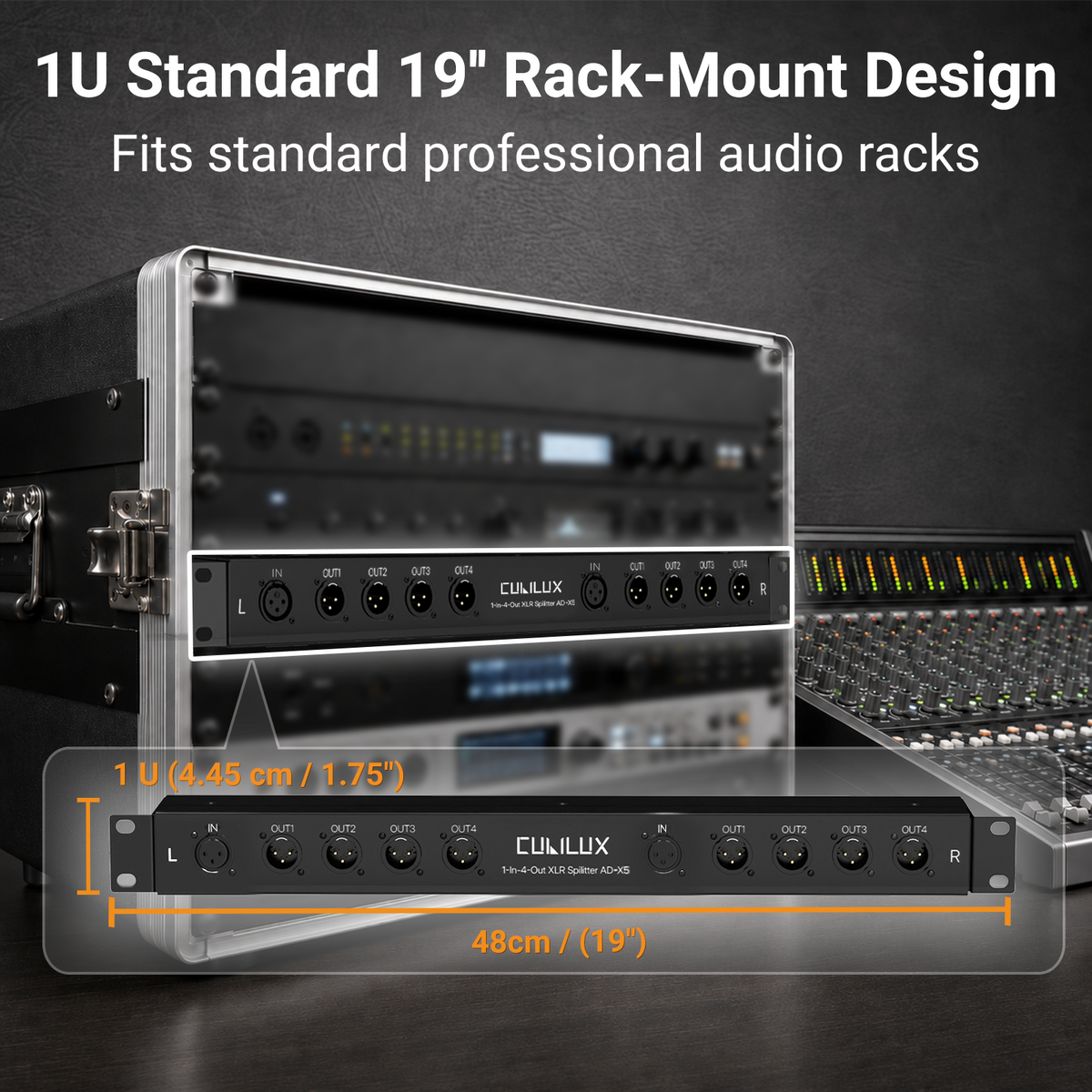1-in-4-out XLR Splitter, 1U 19" Rack Mount Balanced Audio Distribution Box