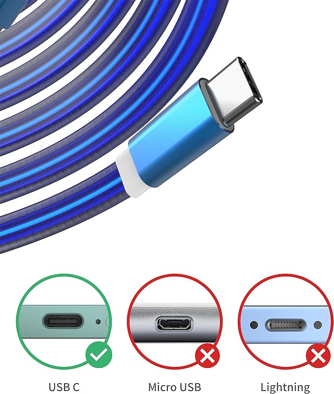 Glowing USB C Car Charge Cable-Blue,3FT