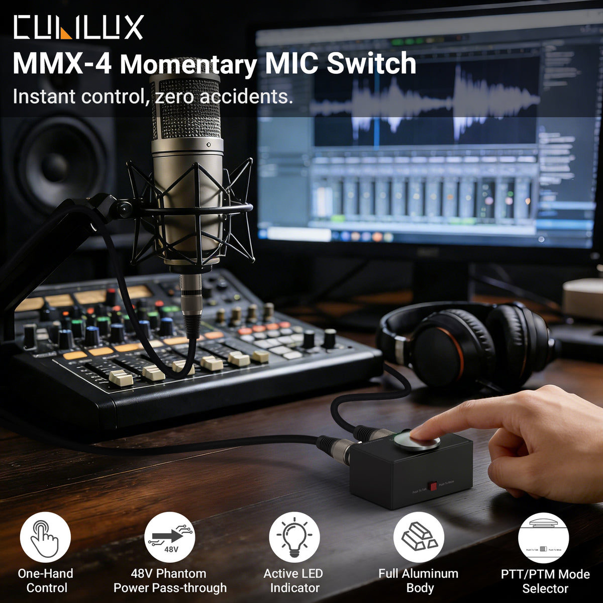 PTT/PTM XLR Microphone Switch, Push-to-Talk/Push-to-Mute Switchable Momentary MIC Button with LED