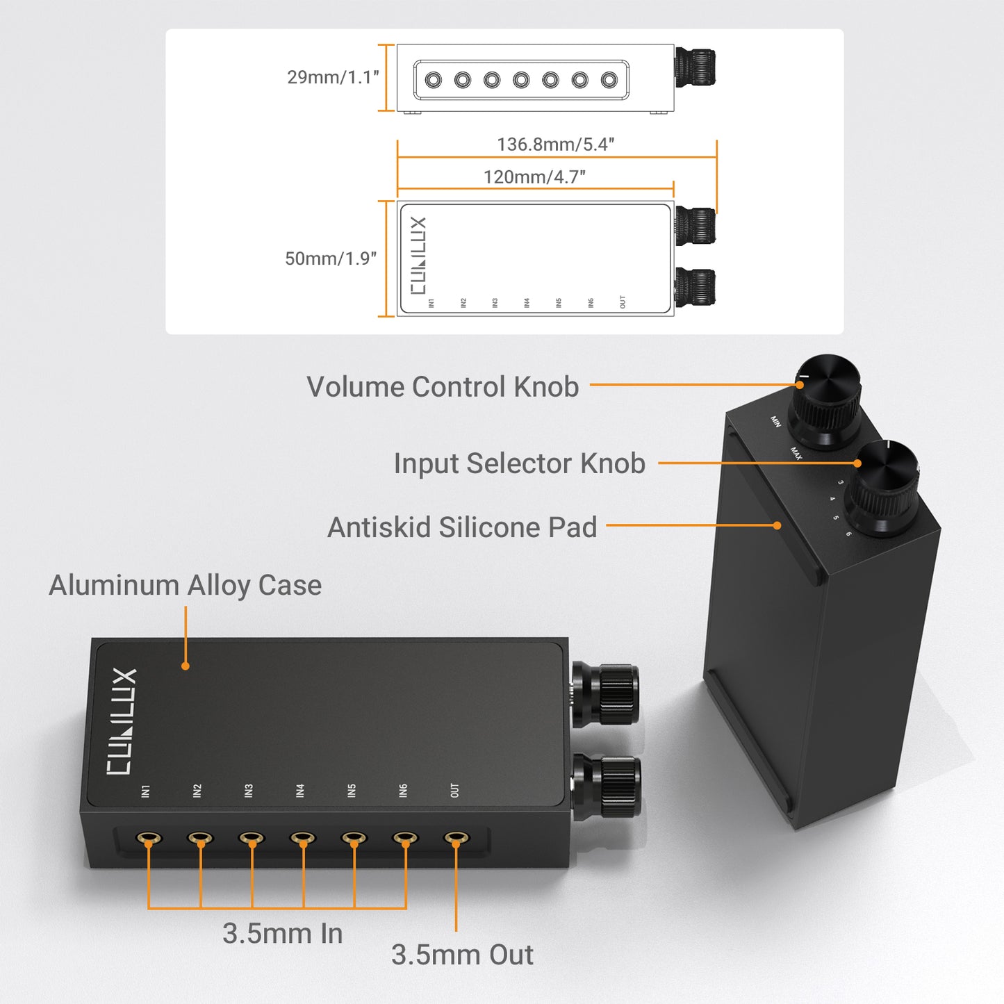 3.5mm 6-in-1 Stereo Audio Switcher with Volume Control & Mute