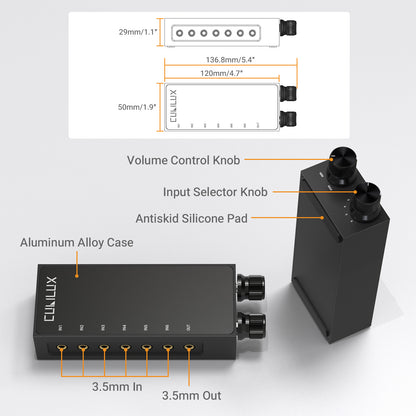 3.5mm 6-in-1 Stereo Audio Switcher with Volume Control & Mute