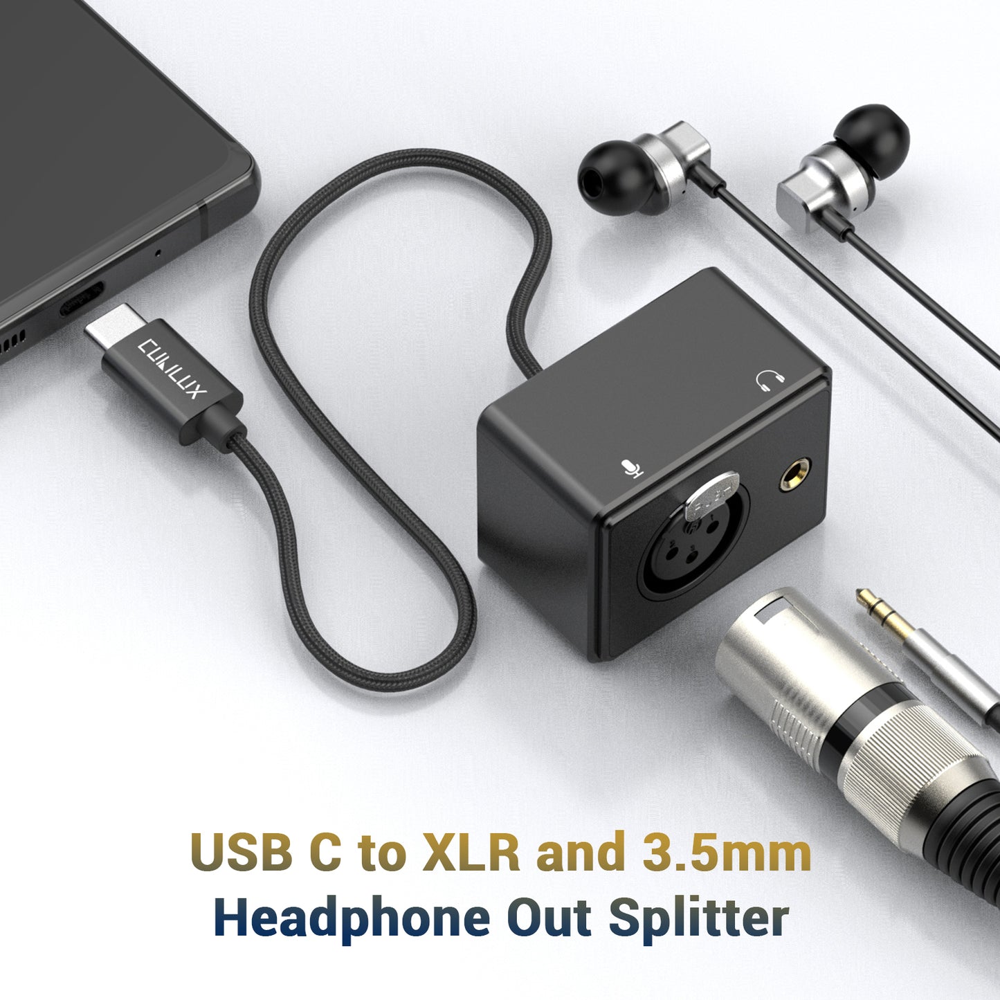 USB C to XLR Lapel/Dynamic Microphone and 3.5mm Headphone Out Splitter