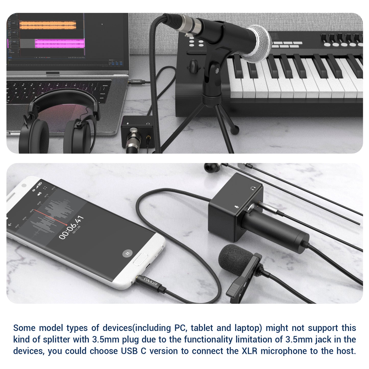 3.5mm TRRS Plug to XLR Lapel Microphone and 3.5mm Headphone Out Splitter