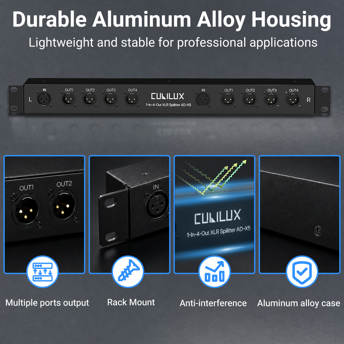 1-in-4-out XLR Splitter, 1U 19" Rack Mount Balanced Audio Distribution Box