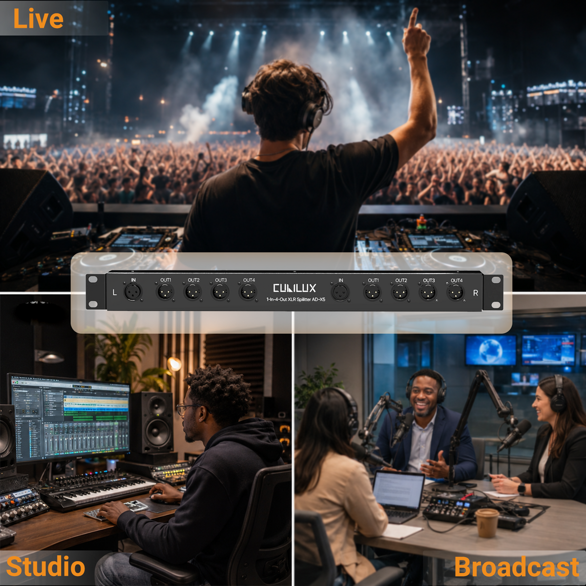 1-in-4-out XLR Splitter, 1U 19" Rack Mount Balanced Audio Distribution Box